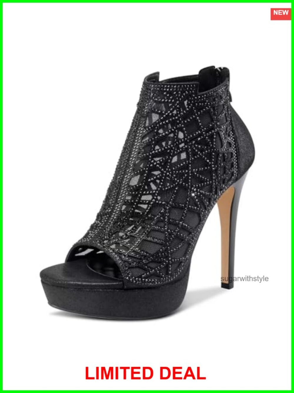 Women's Crystal Stiletto Peep-Toe Platform Sandals 5.1 Inch Heel Zipper